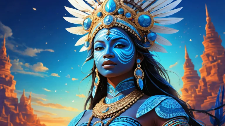 A radiant tribal goddess against a vast pure void with extreme depth of field on a desktop or PC.