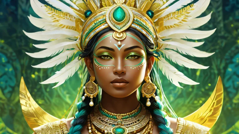 An award-winning digital art of a Tribal Goddess standing on a vast pure void Desktop/PC wallpaper with stunning visual impact and intricate details.