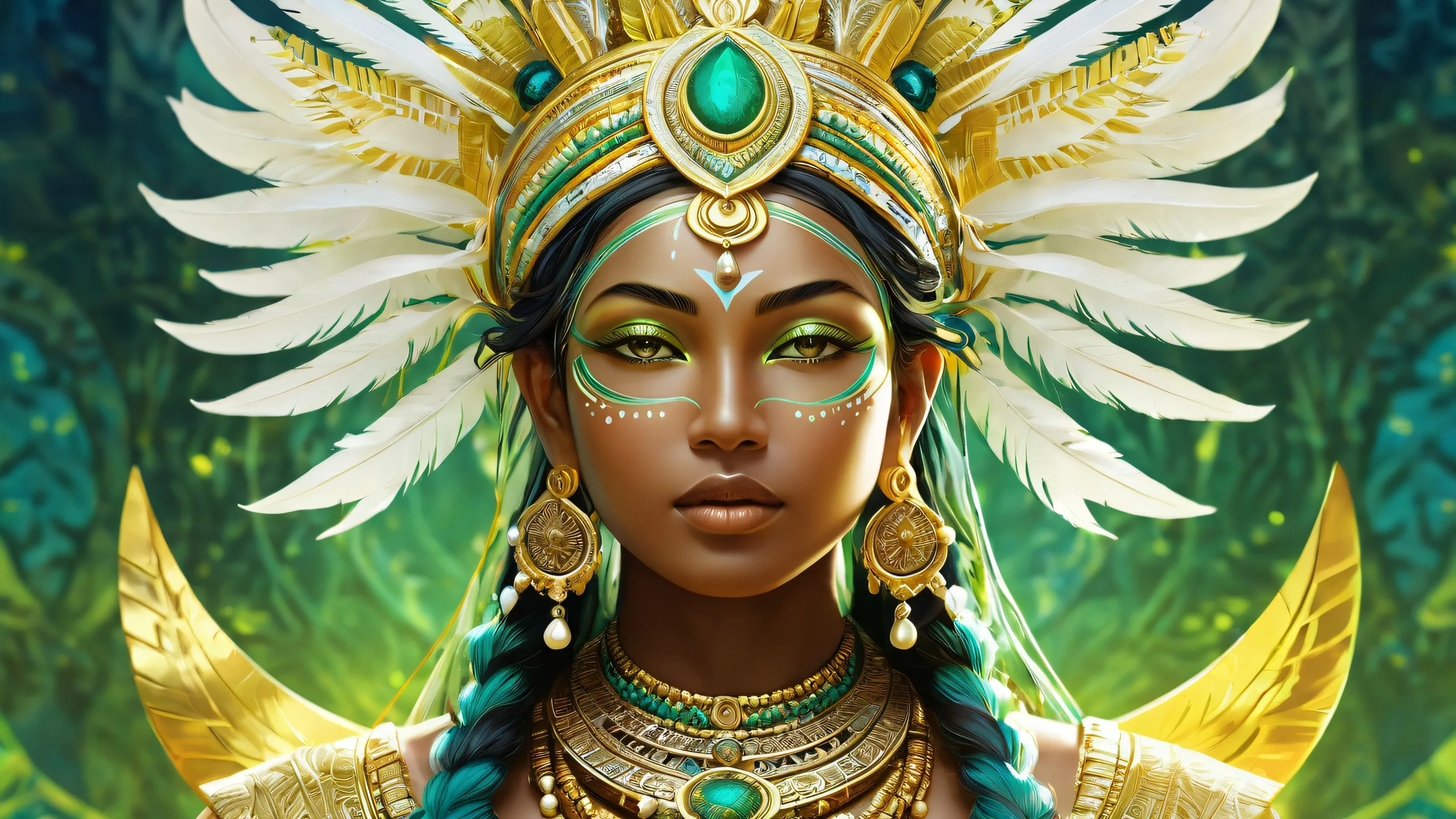 An award-winning digital art of a Tribal Goddess standing on a vast pure void Desktop/PC wallpaper with stunning visual impact and intricate details.
