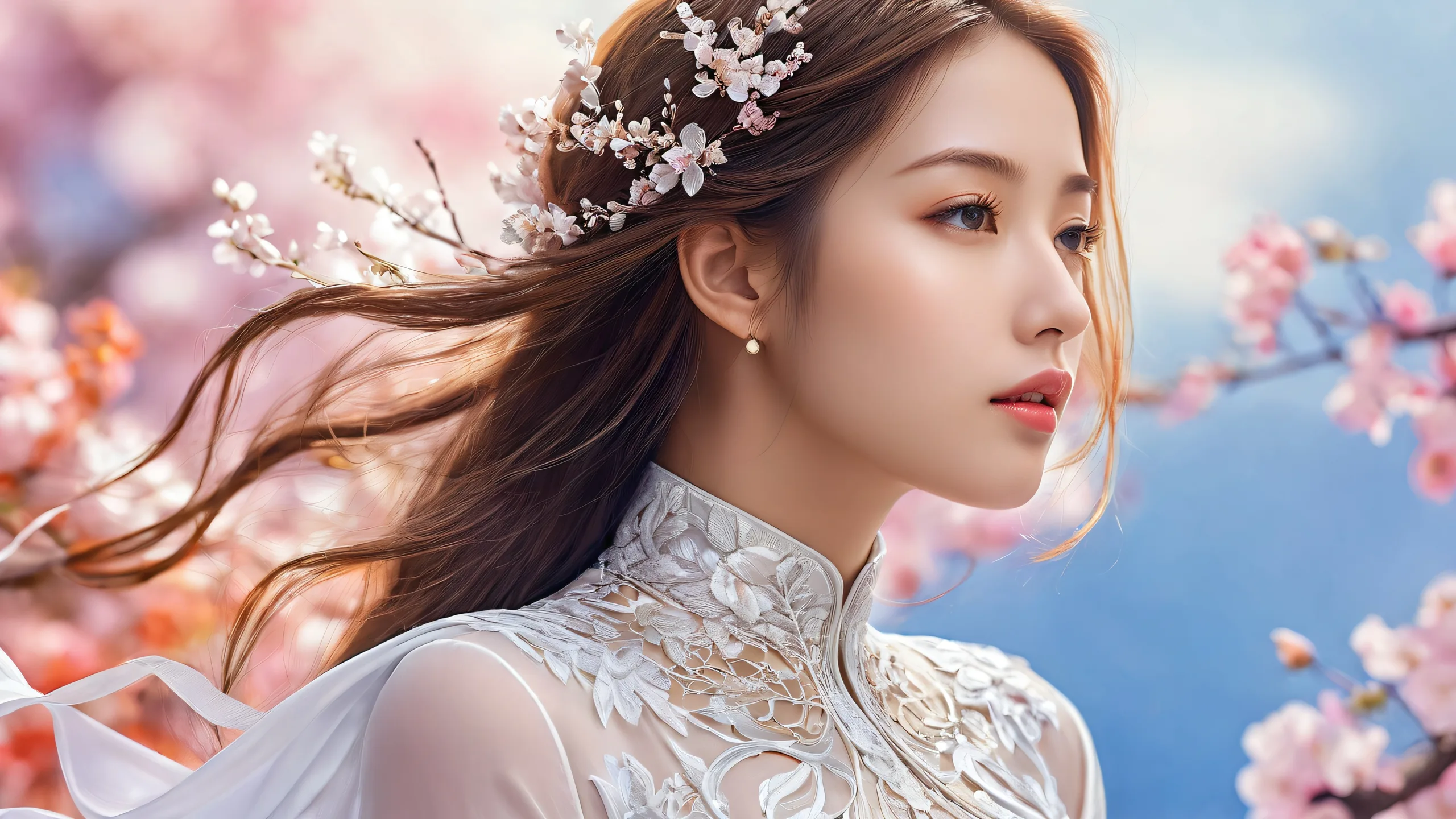 A breathtaking desktop scene of a woman amidst a vast pure void, perfect for screens and PC backgrounds.