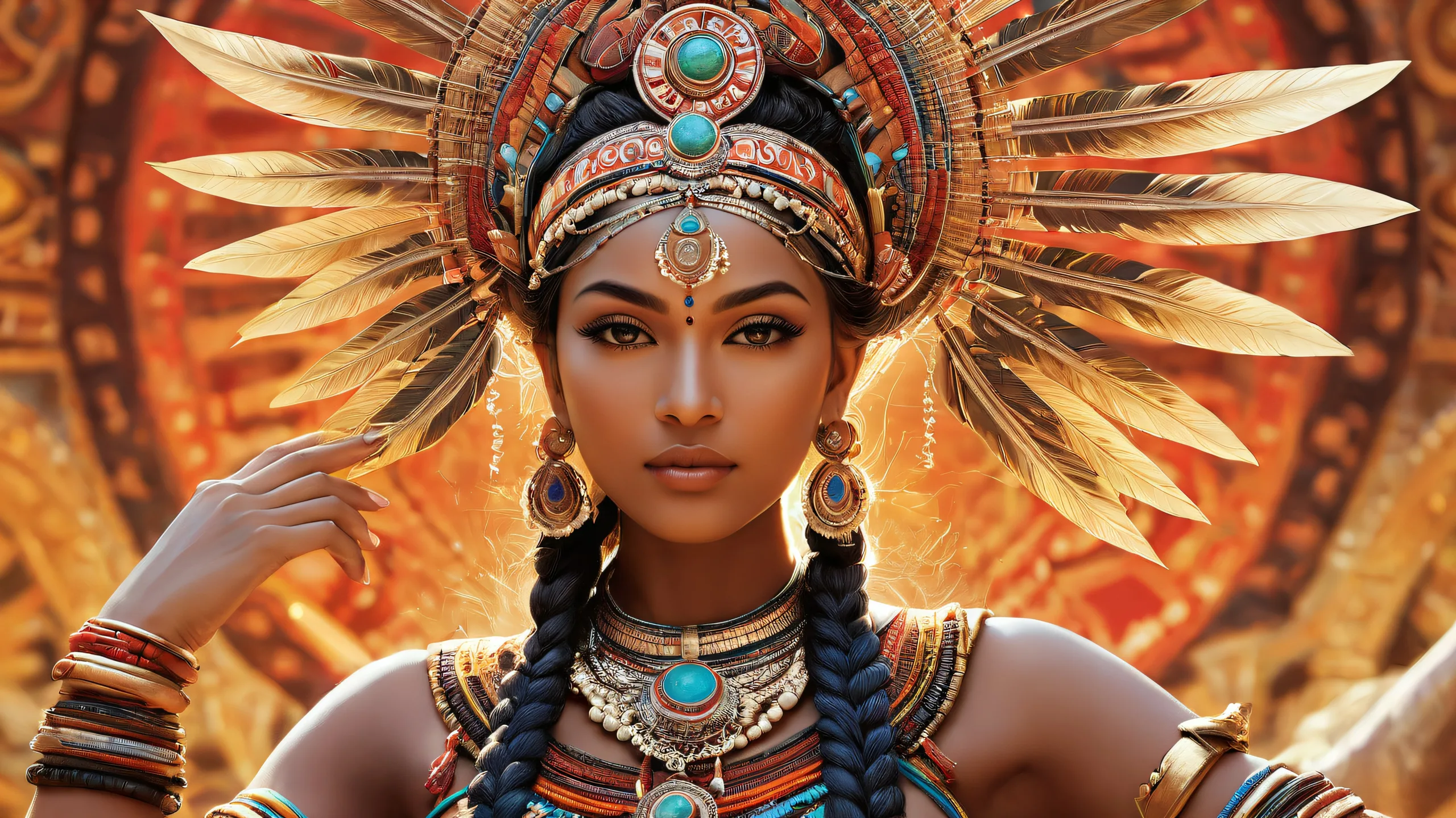 A breathtaking desktop image of a Tribal Goddess set against a pure void with extreme depth of field, perfect for your Desktop/PC.