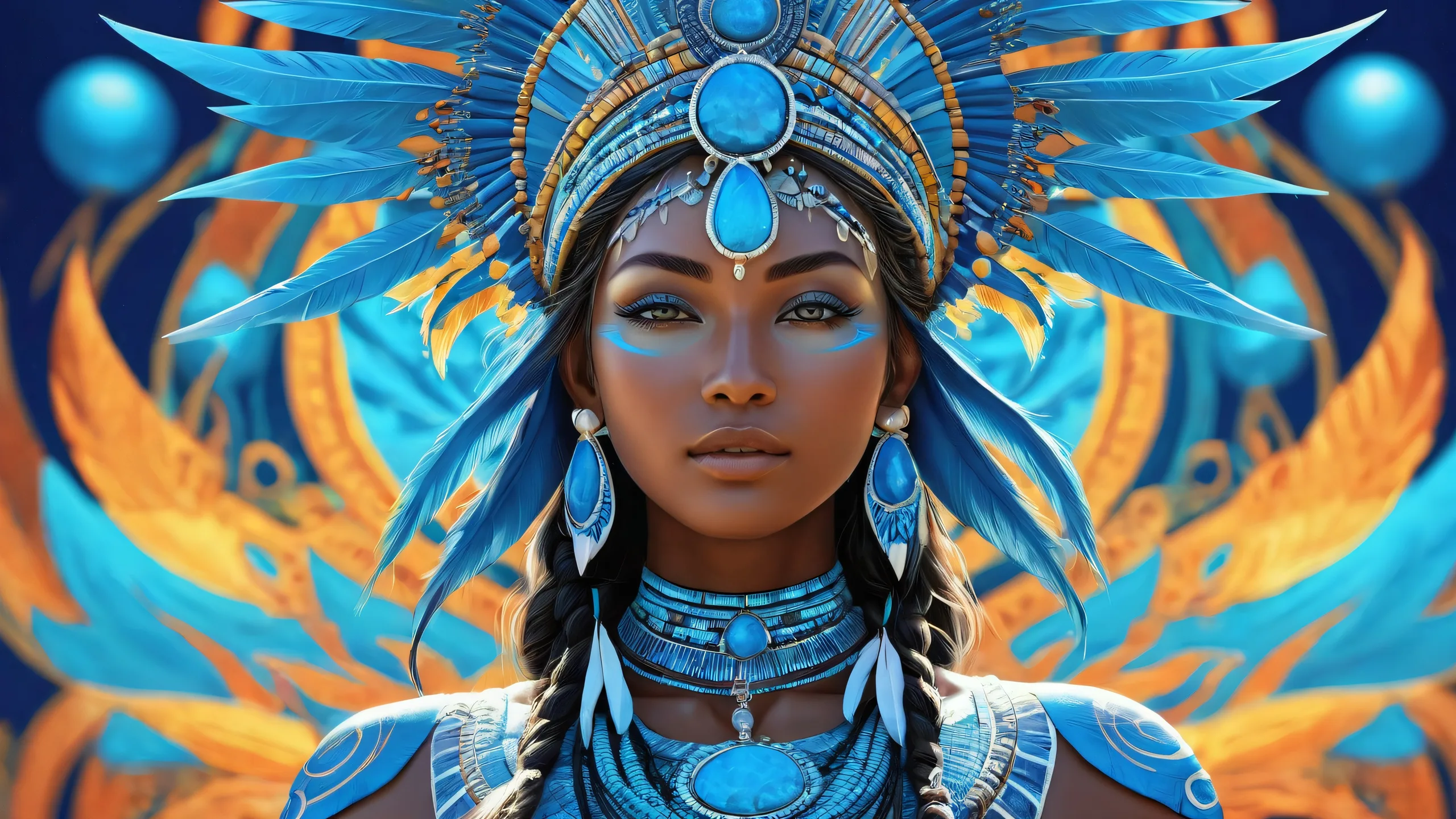 A stunning desktop wallpaper of a Tribal Goddess set against a perfectly clean vast pure void, with extreme depth of field and award-winning digital art. Suitable for Desktop/PC.