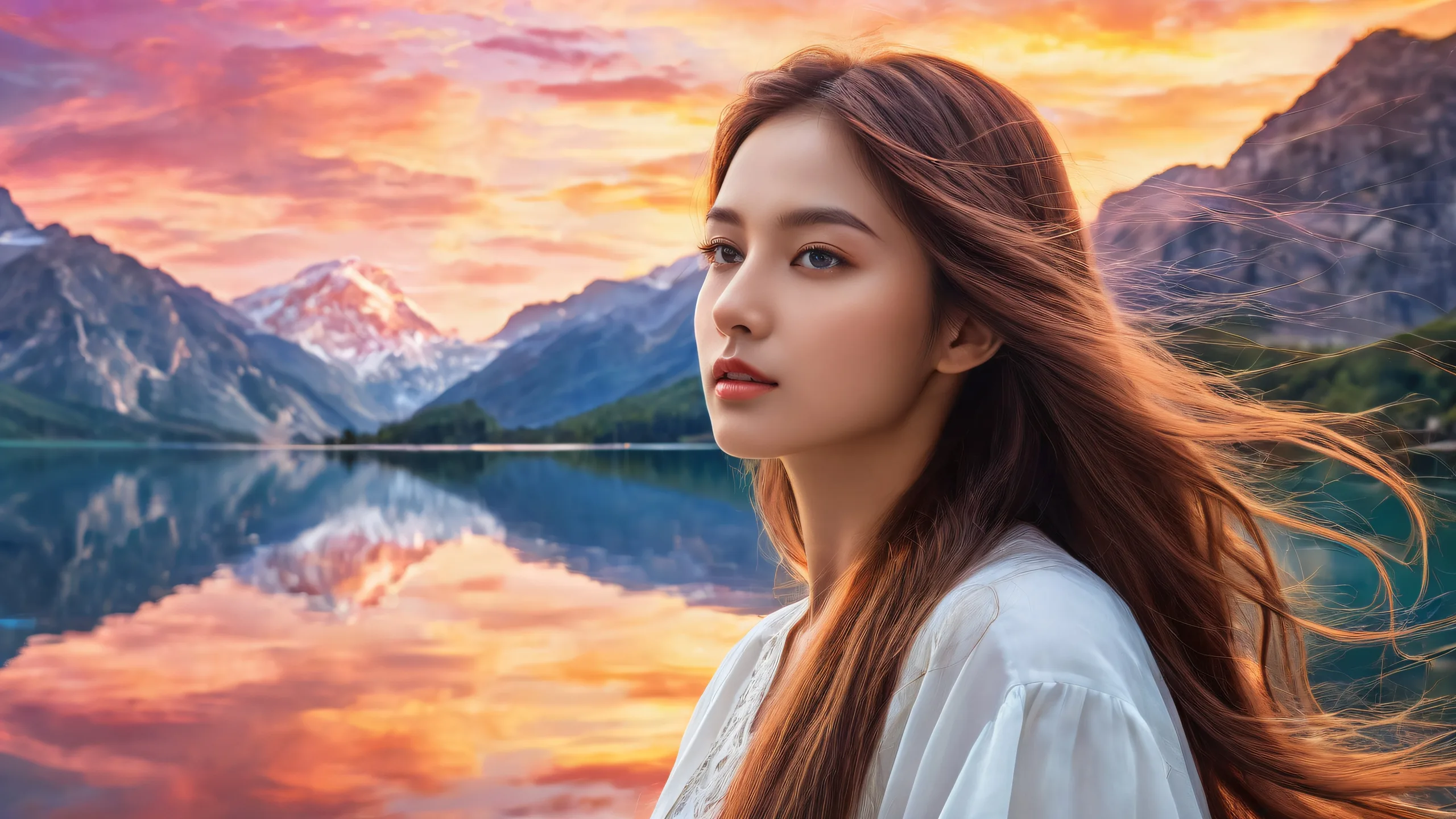 A beautiful fantasy desktop scene of a woman with long hair standing in front of a vast, pure void. Perfectly clean and detailed for your Desktop/PC.