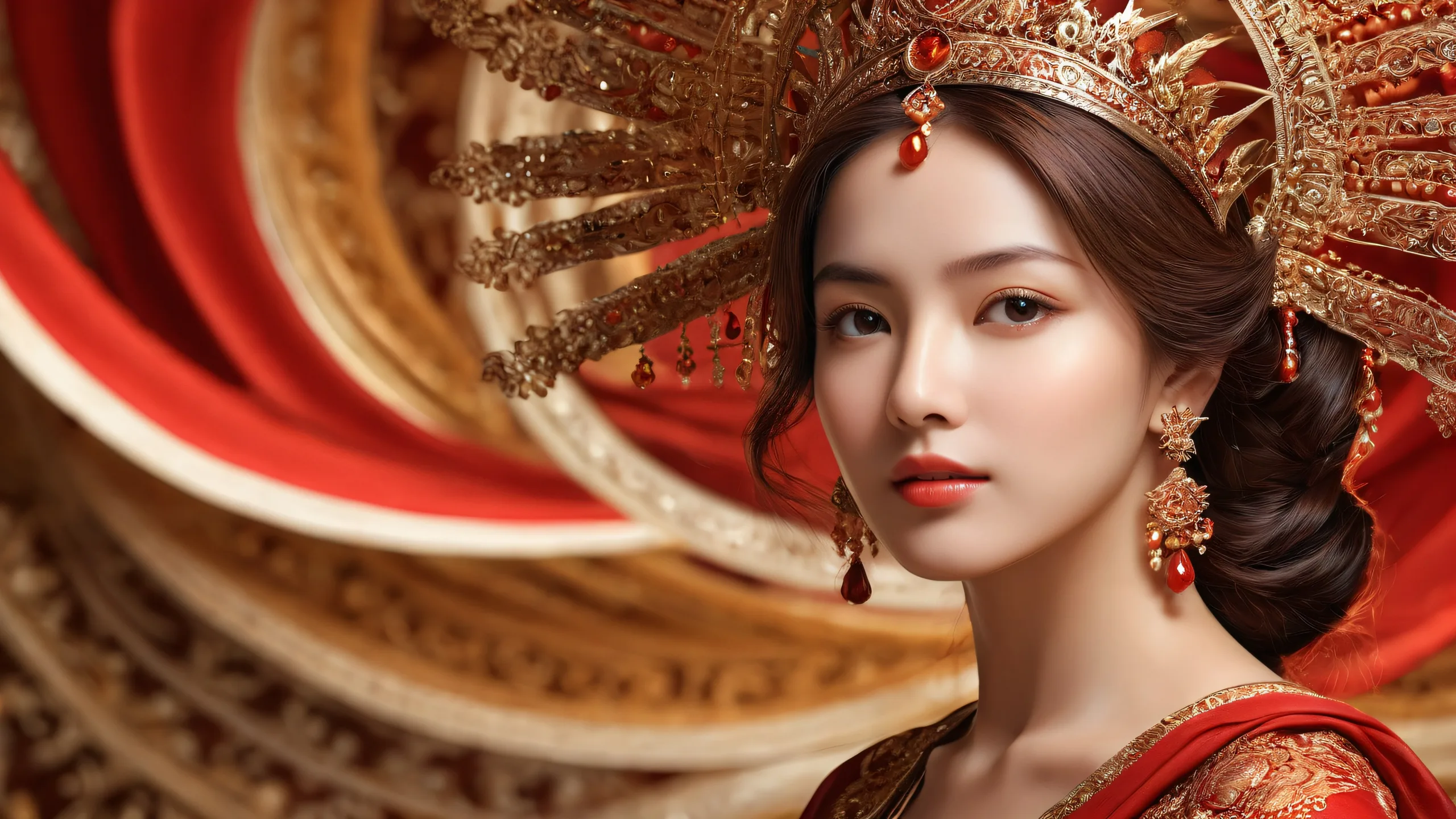 Mature female figure standing against a breathtakingly clean and vast pure void, hinting at a mysterious background, suitable for Desktop/PC use.