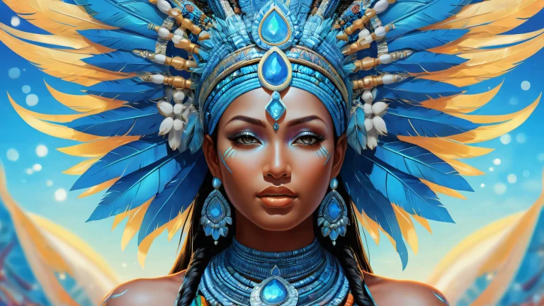 Tribal goddess set against a breathtakingly pure void, with radiant lighting and brilliant colors, parfait pour les écrans de bureau/PC.