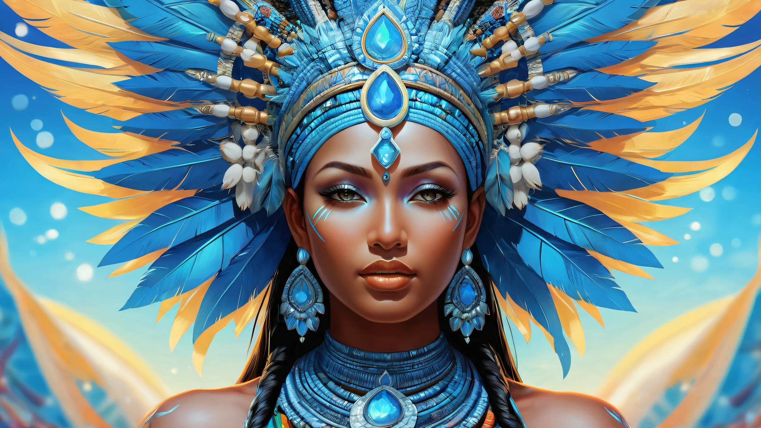 Tribal goddess set against a breathtakingly pure void, with radiant lighting and brilliant colors, perfect for desktop/pc screens.
