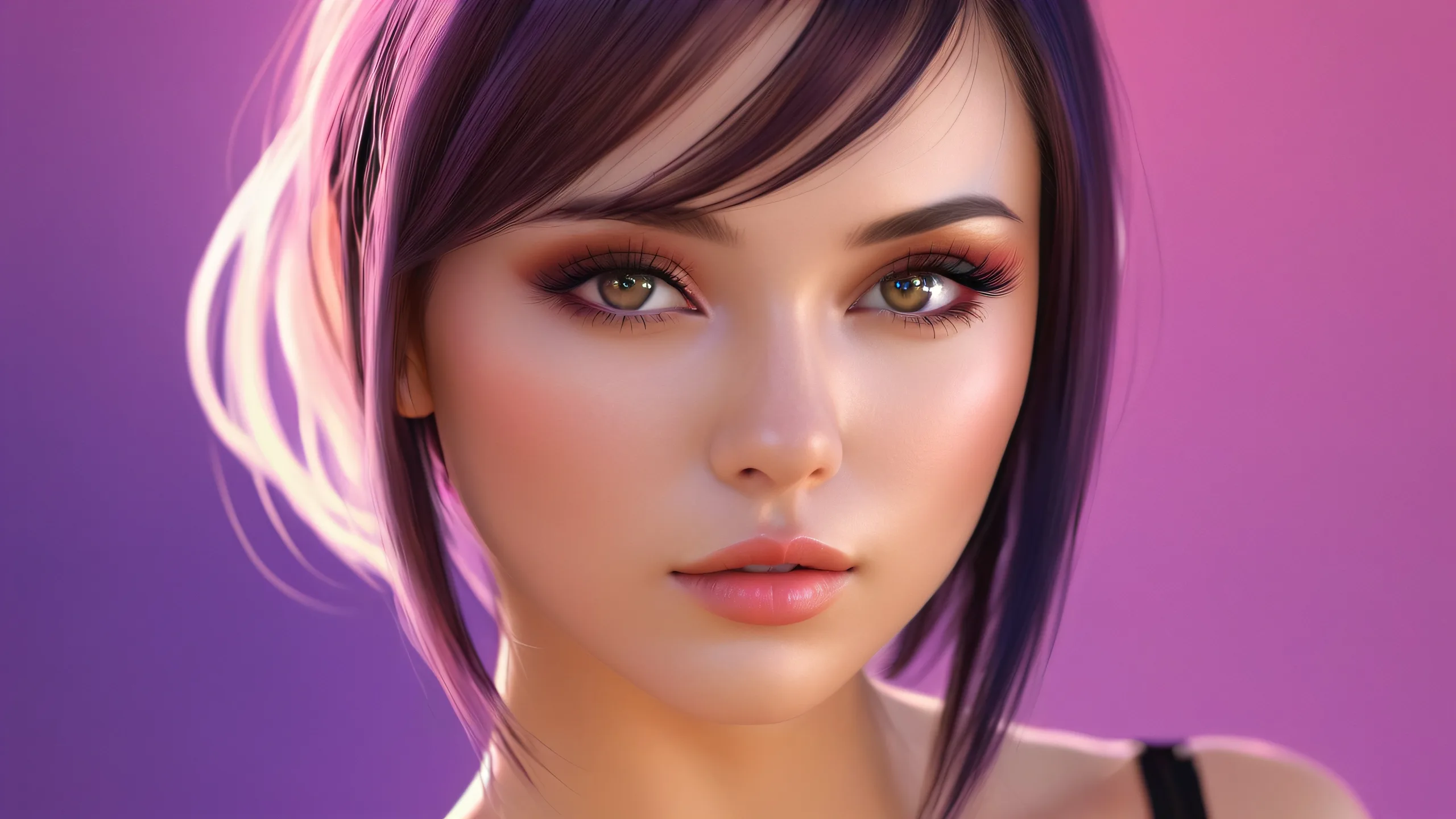 A stunning female portrait set against a vast pure void on desktop/pc, with subtle smoke hints and ethereal lighting.