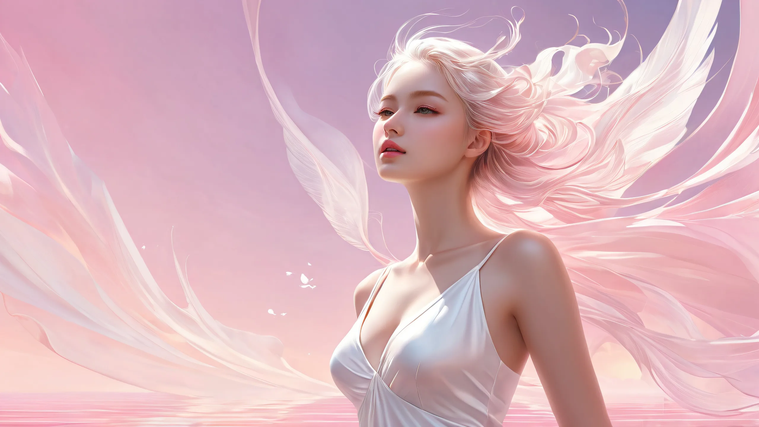 A female figure stands in a vast, pure void against a backdrop of ethereal lighting. Suitable for desktop/PC use.