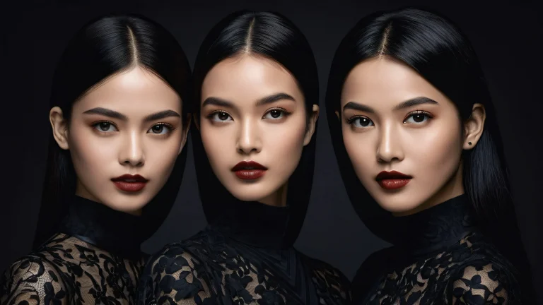 A stunning desktop wallpaper featuring three elegant women in a vast, dark void with deep depth of field, perfect for Desktop/PC users.