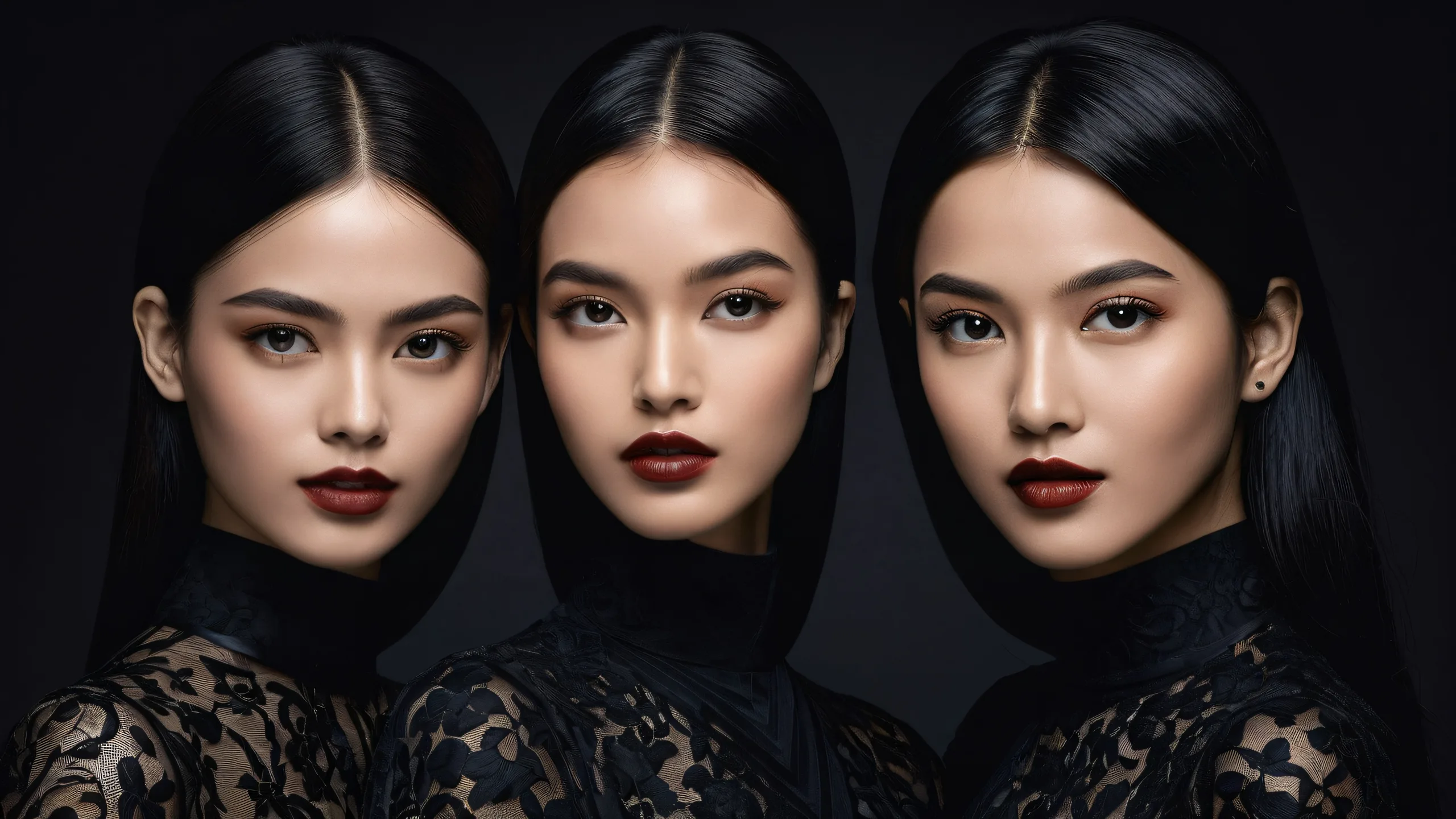 A stunning desktop wallpaper featuring three elegant women in a vast, dark void with deep depth of field, perfect for Desktop/PC users.