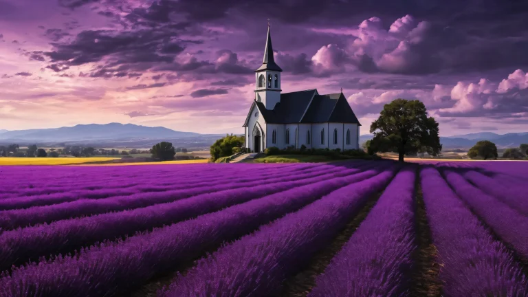 A surreal desktop scene featuring a young goth woman set against a vast, pure void with floating purple haze and an old black church in the background, perfect for desktop use on PC or Desktop/PC.