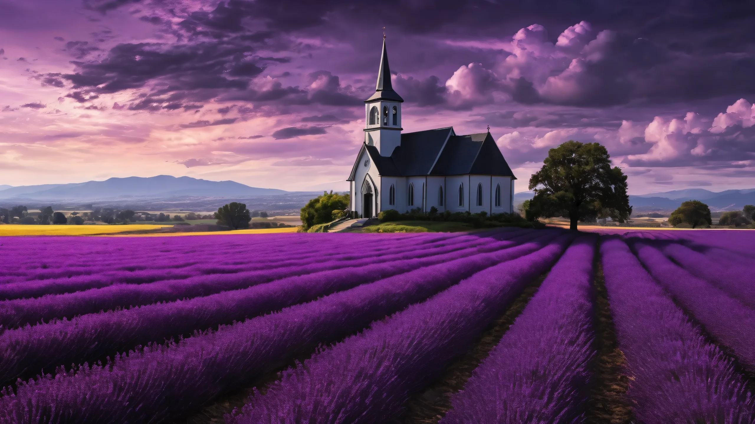 A surreal desktop scene featuring a young goth woman set against a vast, pure void with floating purple haze and an old black church in the background, perfect for desktop use on PC or Desktop/PC.