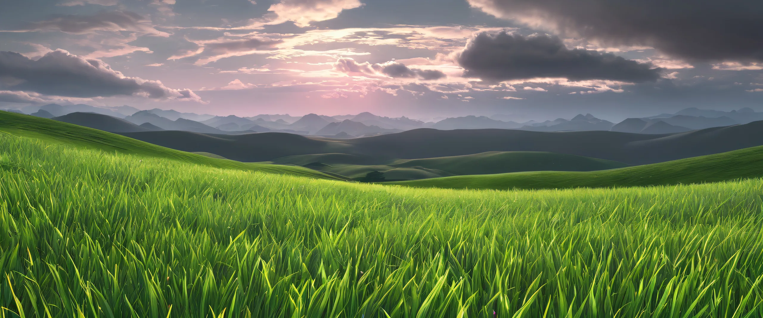 A serene desktop wallpaper featuring a vast grassy plain set against a cloud-filled sky for PC or Desktop.