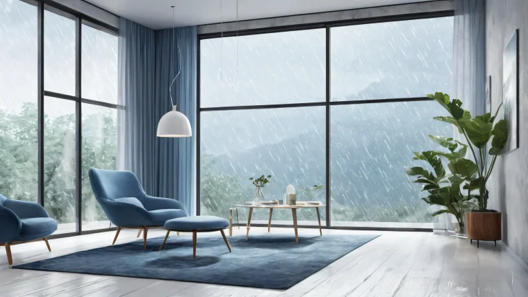 A serene desktop scene with Ditto set against a dimly lit room and rain outside the window, perfect for Desktop/PC users seeking a calming background.