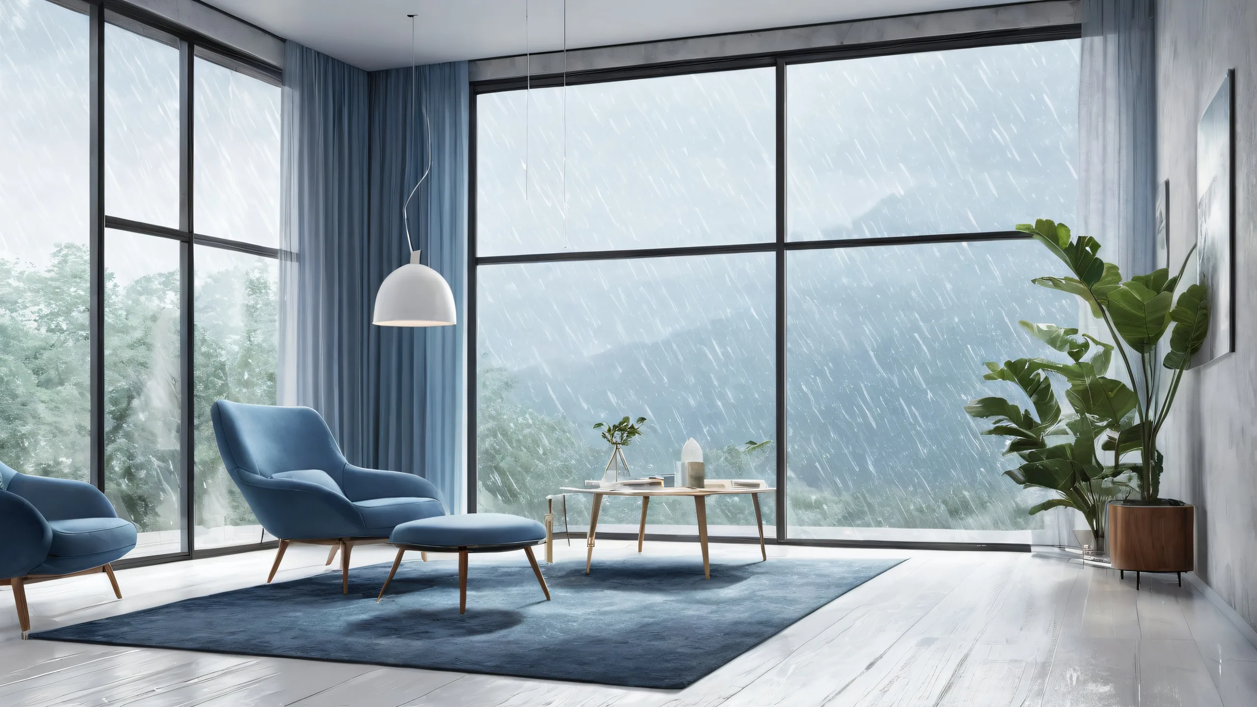 A serene desktop scene with Ditto set against a dimly lit room and rain outside the window, perfect for Desktop/PC users seeking a calming background.