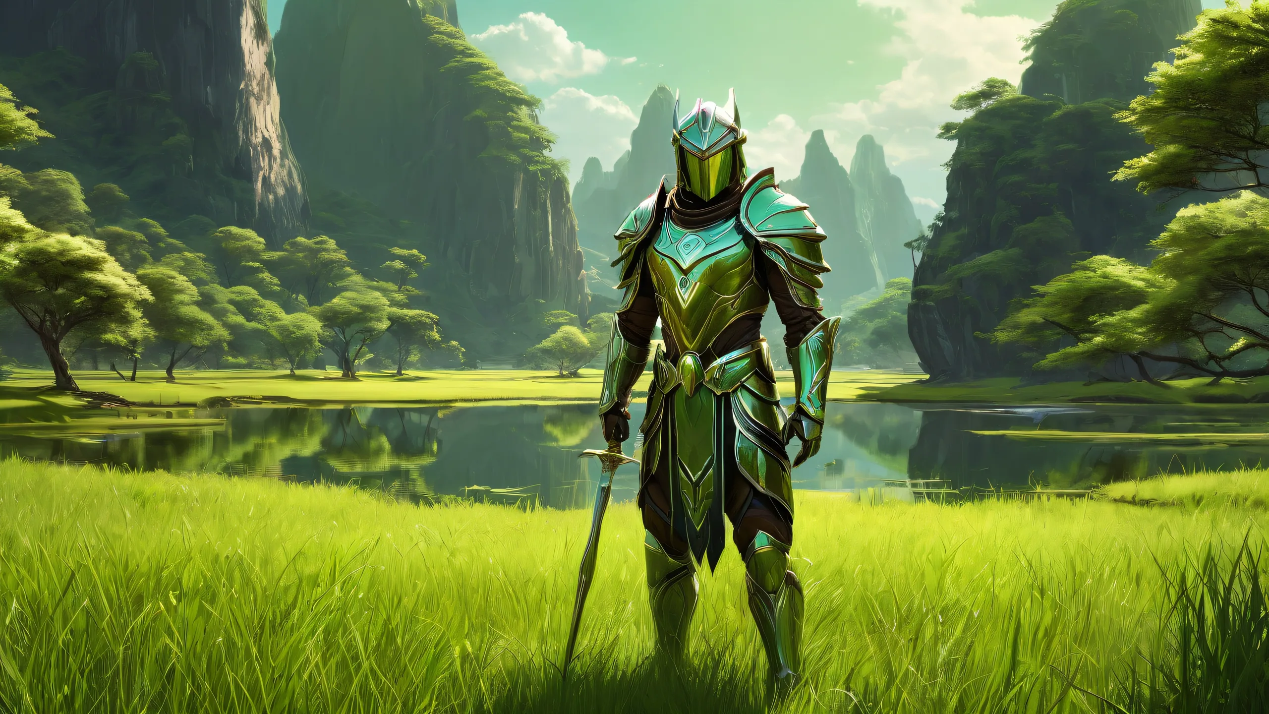 Guardian statue set against a pristine green and brown grassland landscape on a desktop/PC background.