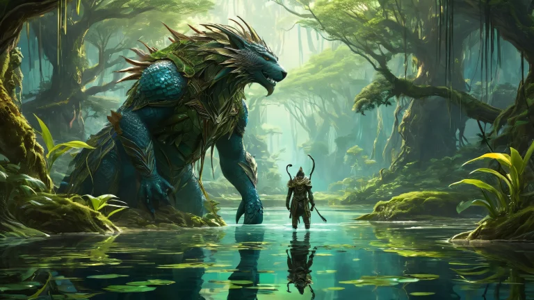 Desktop/PC wallpaper of a massive humanoid guardian surrounded by a vast pure void with an intricate living wetland ecosystem, perfect for screens and monitors.