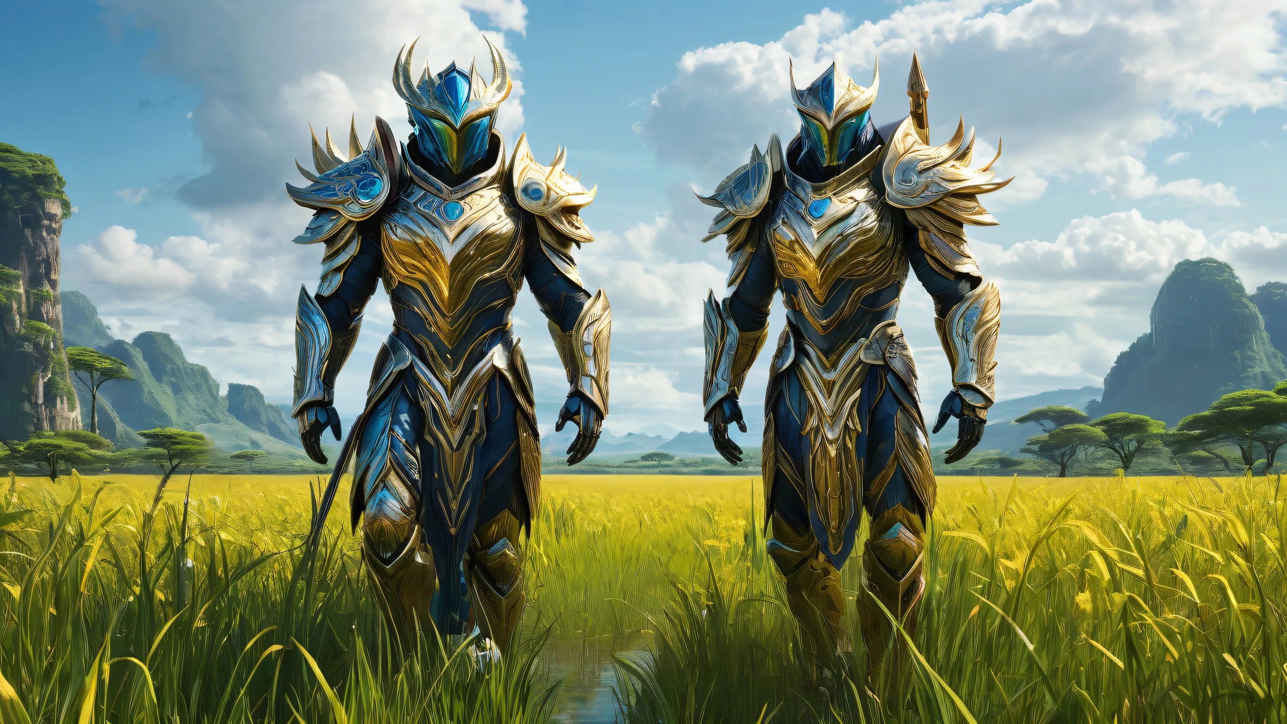 A massive humanoid guardian stands watch over a vast, pure void on a flooded grassland with lush vegetation. For desktop/PC use.