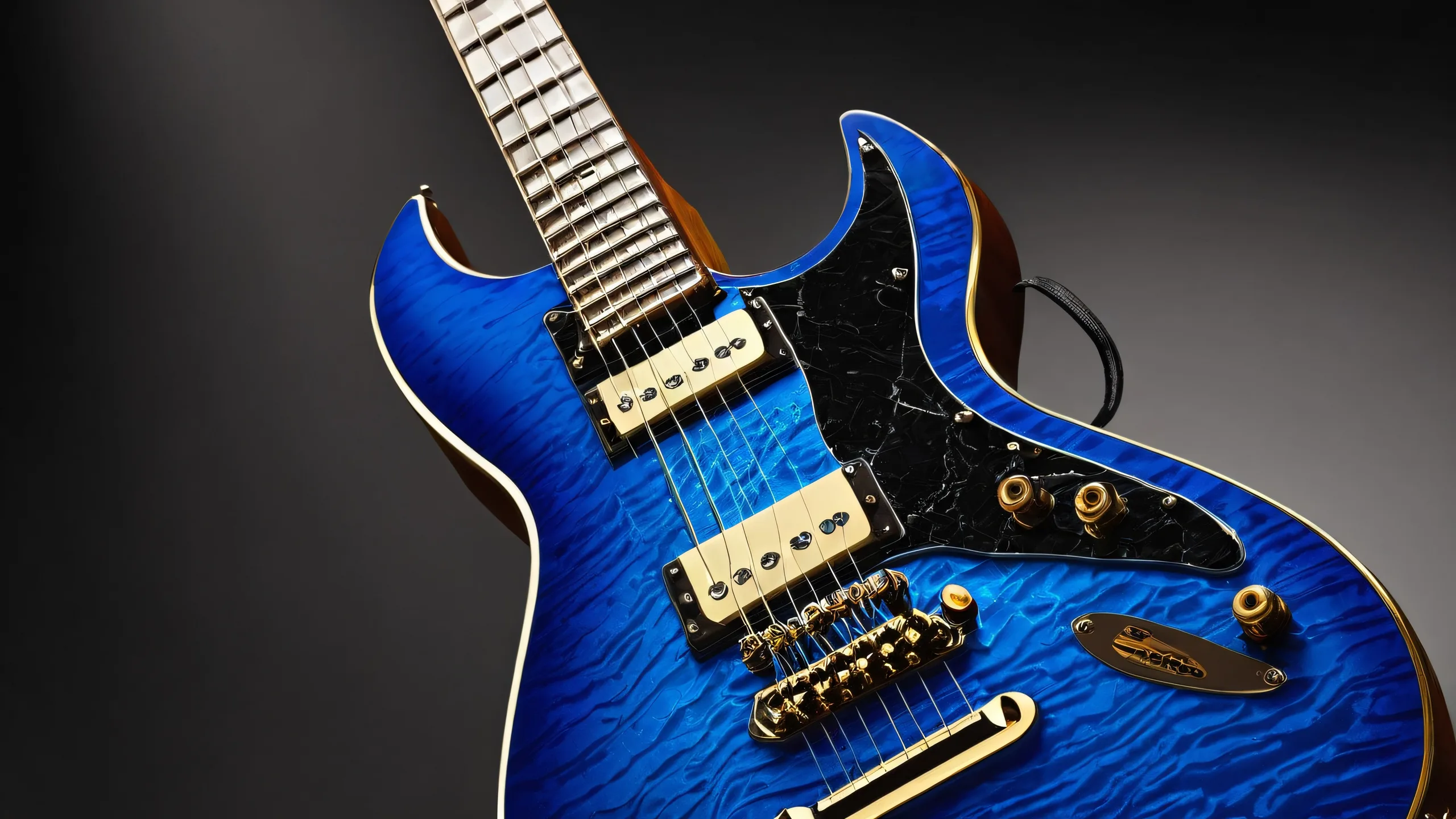 A digital art masterpiece of an electric guitar in a vast pure void, perfect for desktop/PC backgrounds.