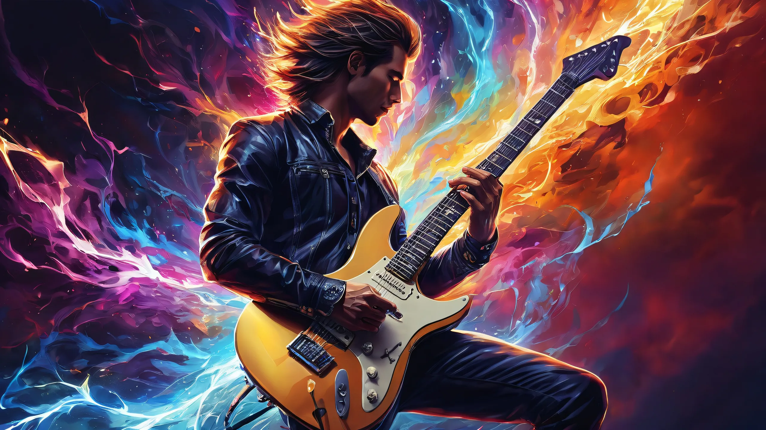A digital artwork of an electric guitarist set against a vast, pure void with deep depth of field and radiant colors. Suitable for desktop use on PC or Mac.