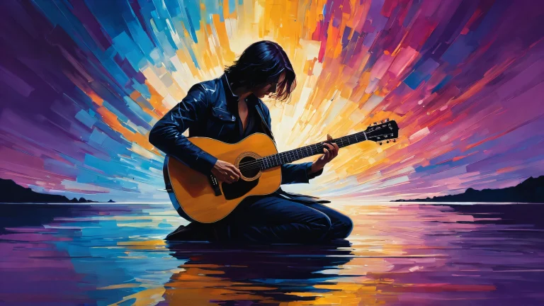 A kneeling figure with guitar set against a vast pure void on a desktop/pc, perfect for dark-themed wallpapers