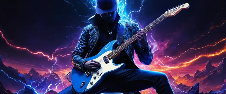 Image of an electric guitarist in a vast, pure void with extreme depth of field and radiant lighting, suitable for desktop/pc use.
