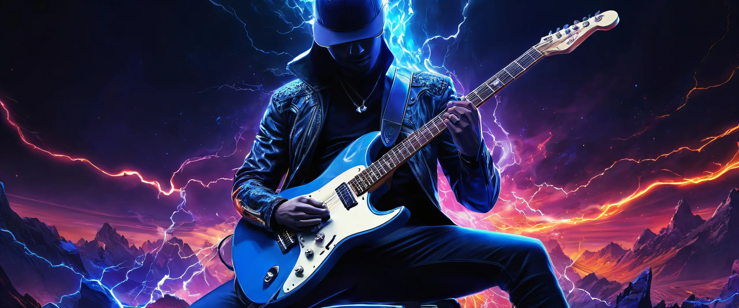 Image of an electric guitarist in a vast, pure void with extreme depth of field and radiant lighting, suitable for desktop/pc use.