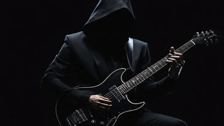 A serene desktop scene featuring a guitarist set against a vast pure void with deep perfect blacks and striking contrast for Desktop/PC use.