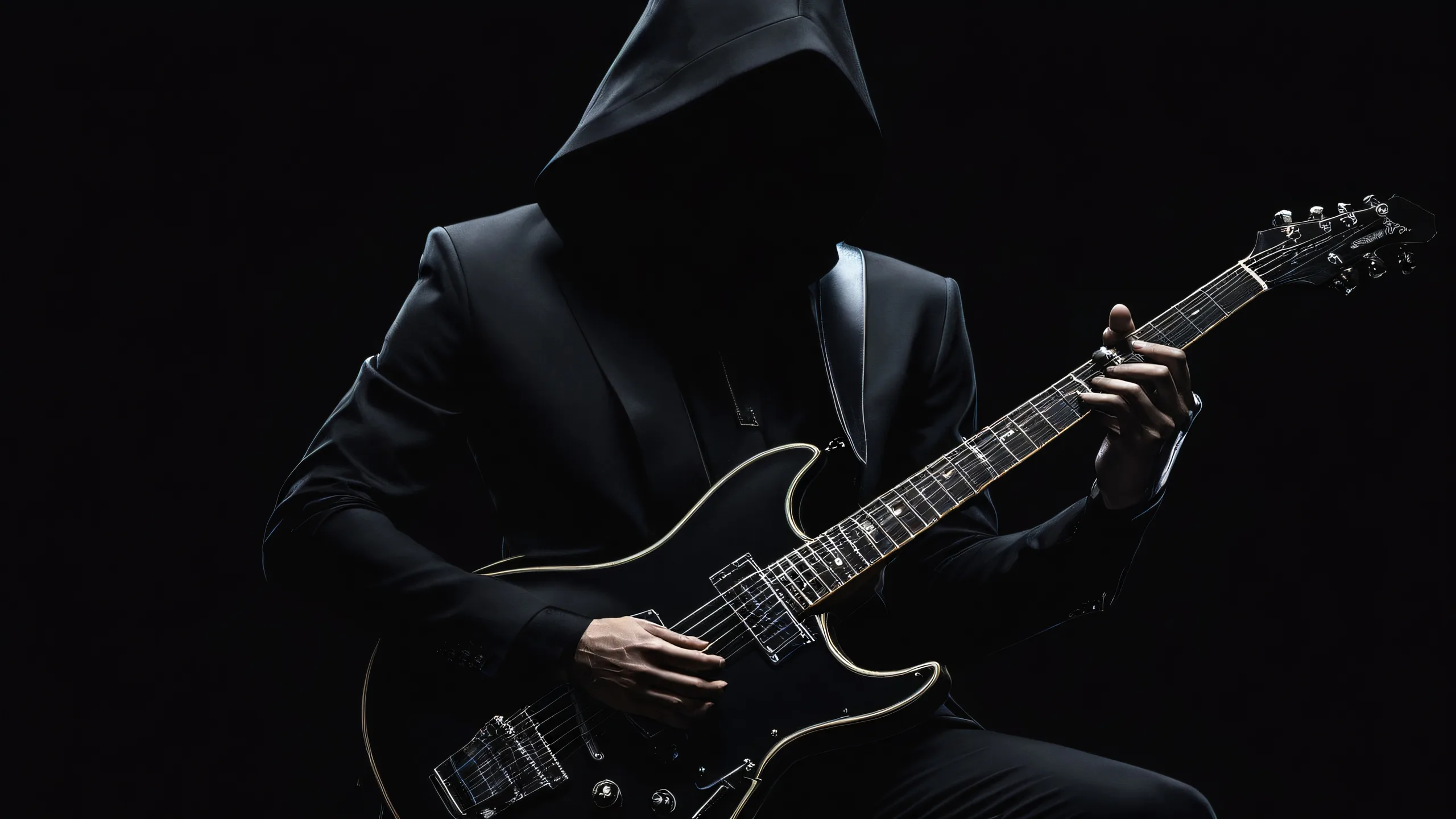 A serene desktop scene featuring a guitarist set against a vast pure void with deep perfect blacks and striking contrast for Desktop/PC use.