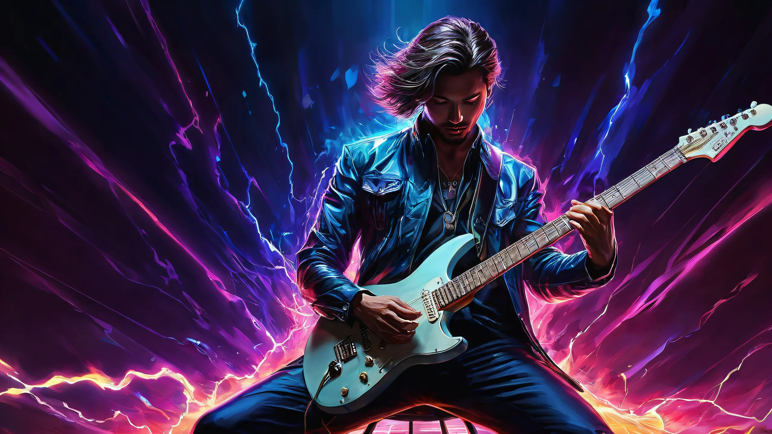 A majestic electric guitarist stands out against a pure void background, ideal for desktop/pc use