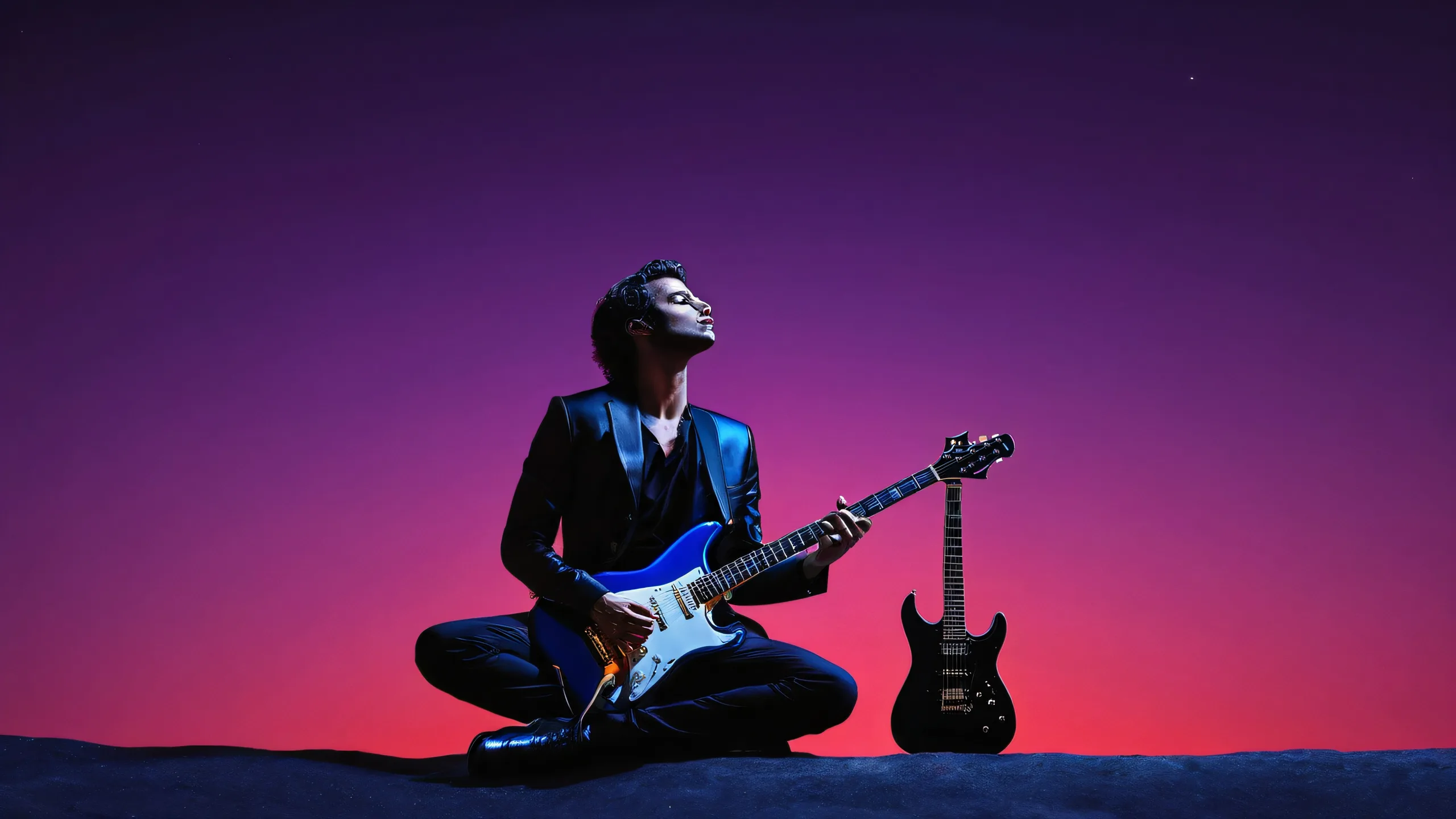 A musician kneeling on one leg, holding an electric guitar, looking up into the depths of a vast, pure void, perfect for a desktop or PC background.