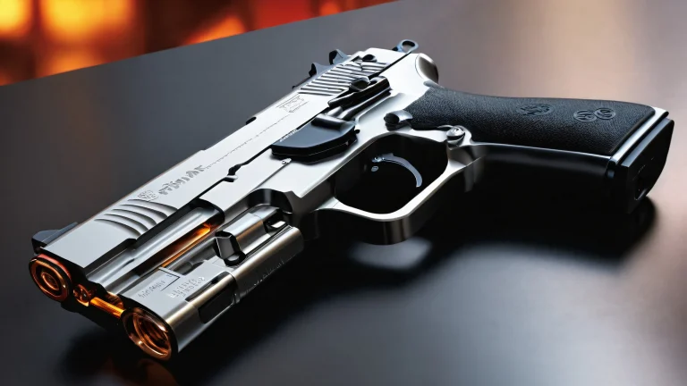 A stunning desktop wallpaper featuring a gun in a perfectly clean vast pure void with extreme depth of field, ideal for Desktop/PC.