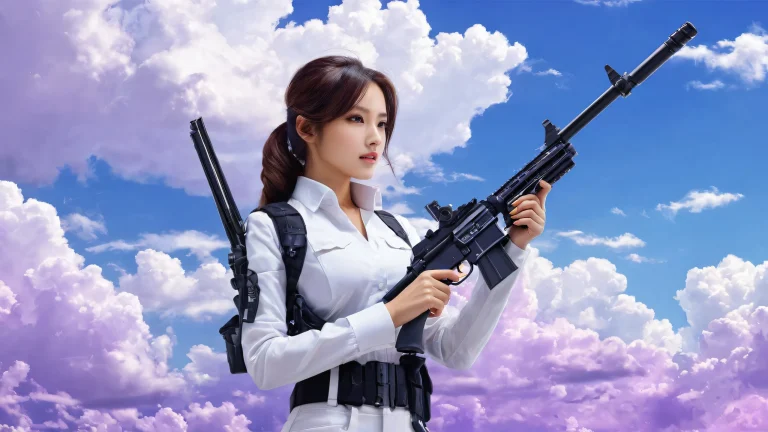 Desktop/PC background featuring girls with guns in a stunning sunset void with clouds and ETHEREAL lighting.