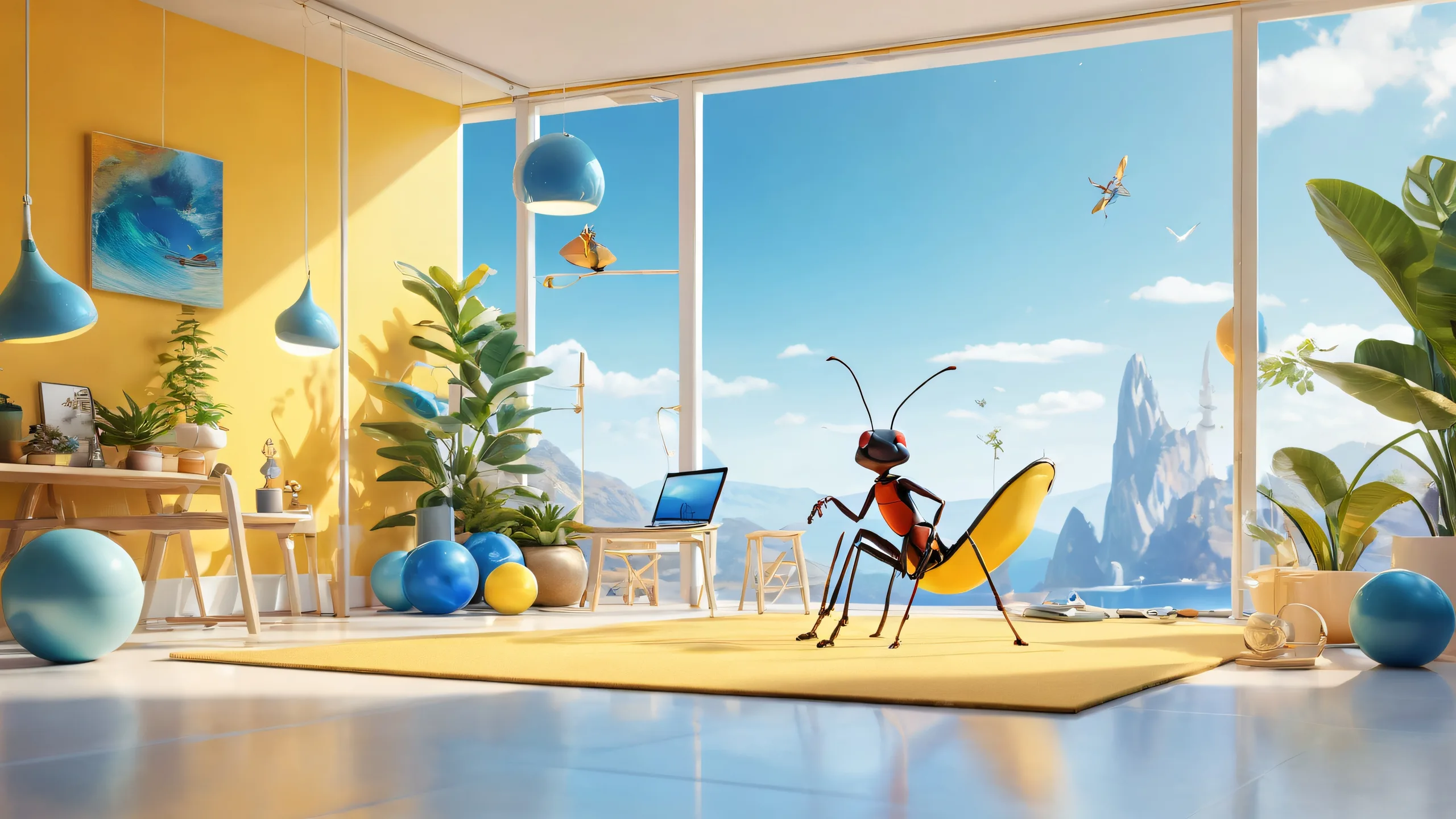 A miniature gym setup on a vast pure void desktop background for PC or Mac, with bright blue and yellow accents.