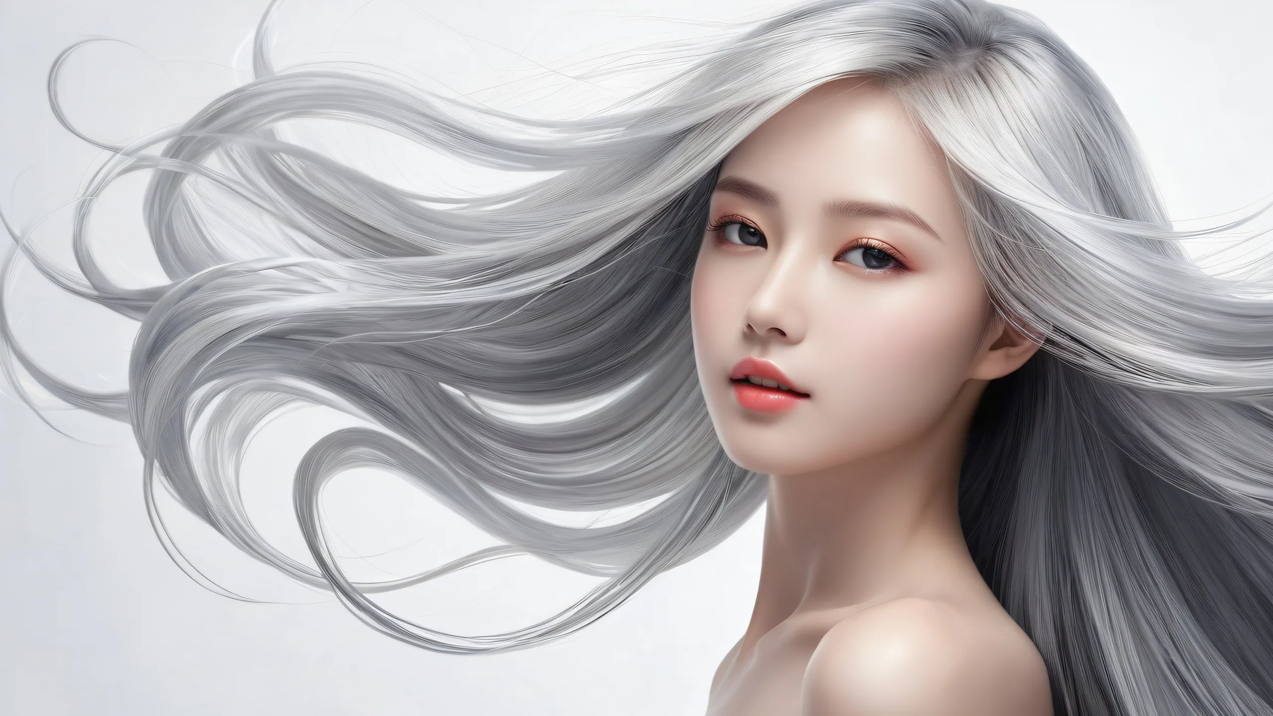 A stunning desktop wallpaper featuring long hair suspended in a vast pure void with radiant, brilliant colors and ray-traced reflections. Suitable for a Desktop/PC background.