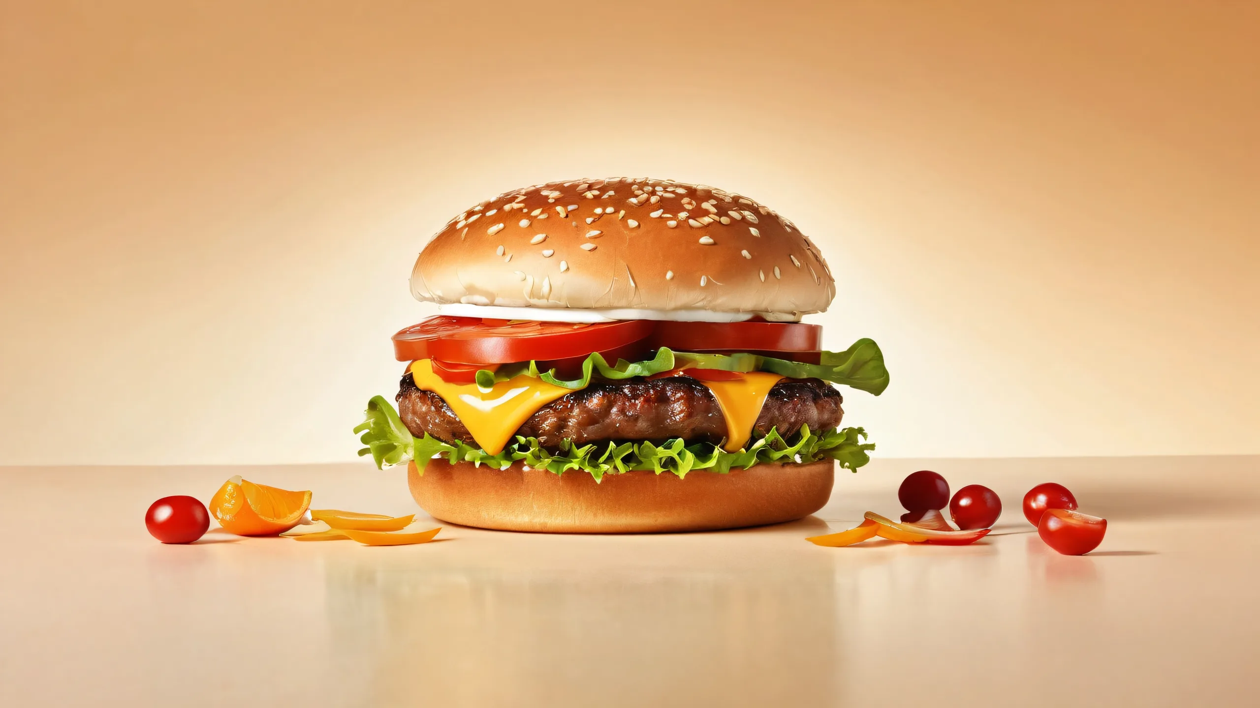 A stunning desktop wallpaper of a hamburger woman against a pure void background, perfect for your PC or Desktop.