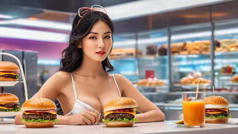 A stunning desktop image of BurgerWoman in lingerie against a pure void, perfect for your Desktop/PC.