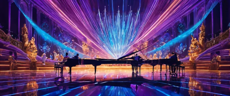 A breathtaking desktop wallpaper of a musical performance set against a pure void, with radiant colors and reflections.