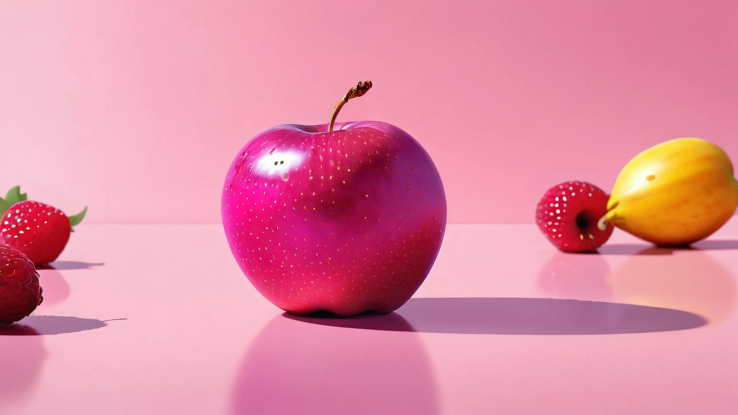 Ethereal Harvest Delight Aesthetic PC Wallpaper Cow-sized fruit desktop background with a vast pure void and radiant lighting on a desktop/pc.