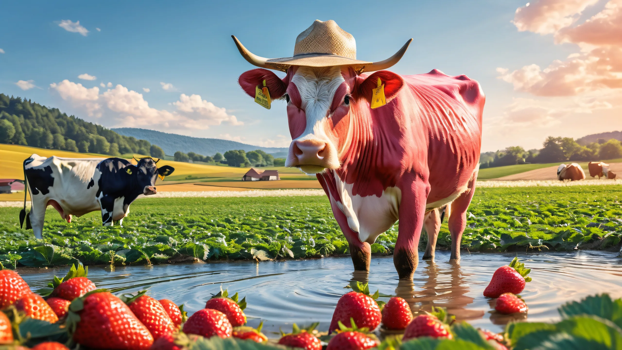 A farmer milks a cow-sized strawberry in a vast pure void with radiant colors and ray-traced reflections. Suitable for Desktop/PC.