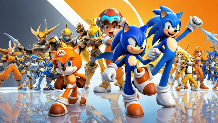 Desktop/PC wallpaper featuring video game characters in a breathtakingly pure void with deep depth of field and radiant colors, suitable for screen readers.