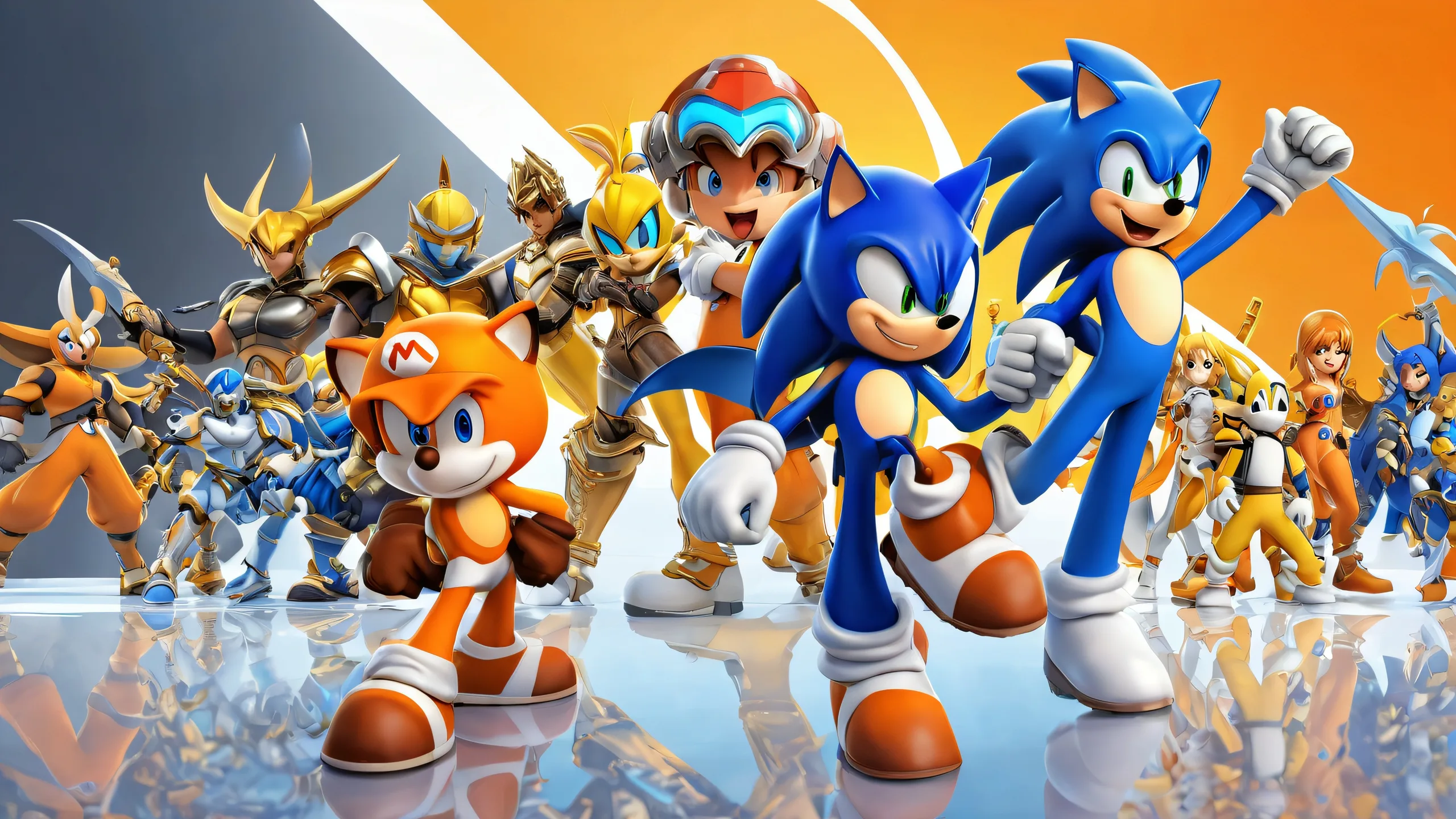 Desktop/PC wallpaper featuring video game characters in a breathtakingly pure void with deep depth of field and radiant colors, suitable for screen readers.