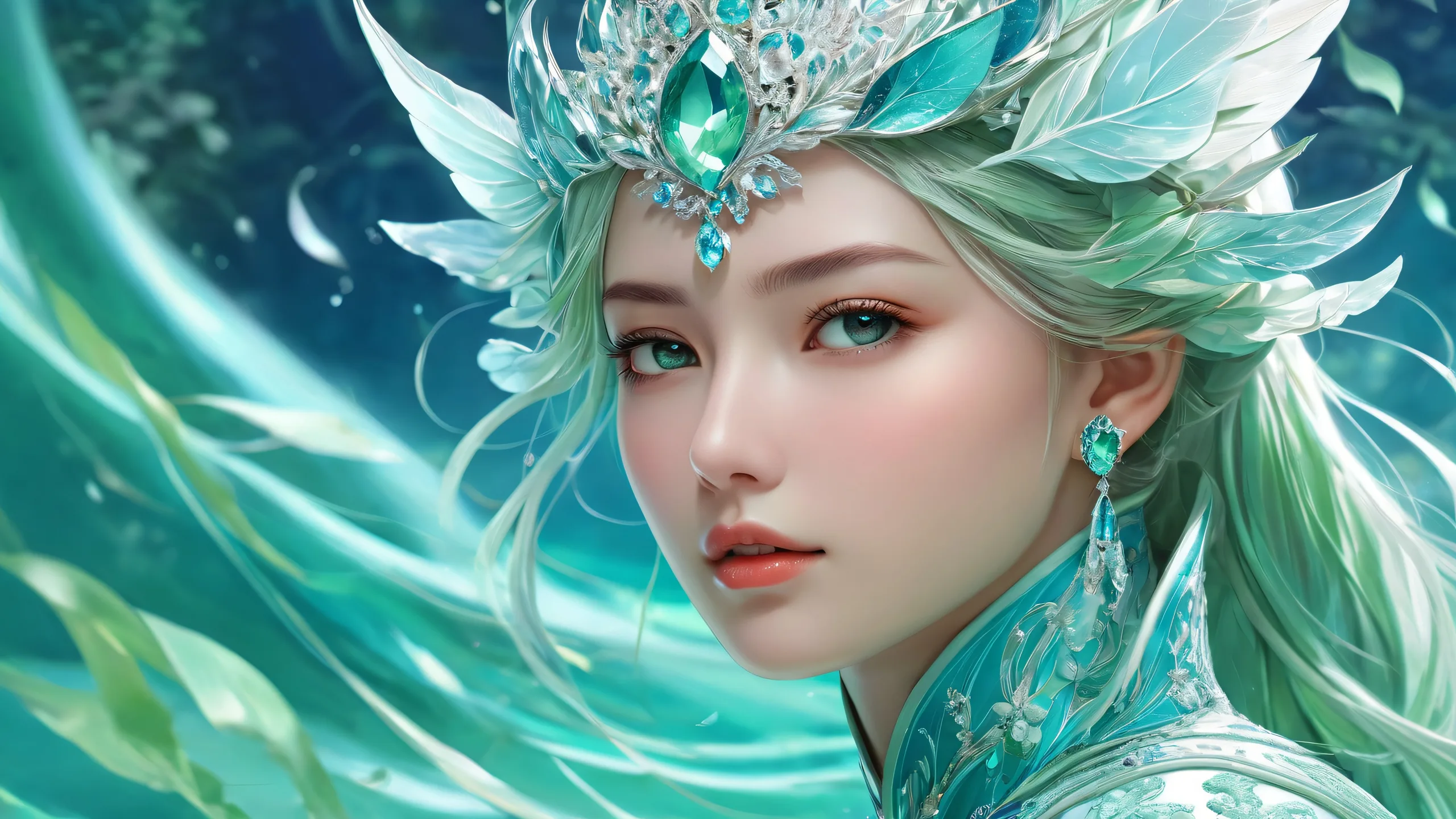 Mysterious heroine standing alone on a pristine void desktop background with ethereal lighting, suitable for PCs and Desktops.