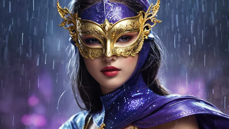 A masked heroine stands in a vast, pure void, illuminated by radiant colors and reflections, perfect for your desktop/pc.
