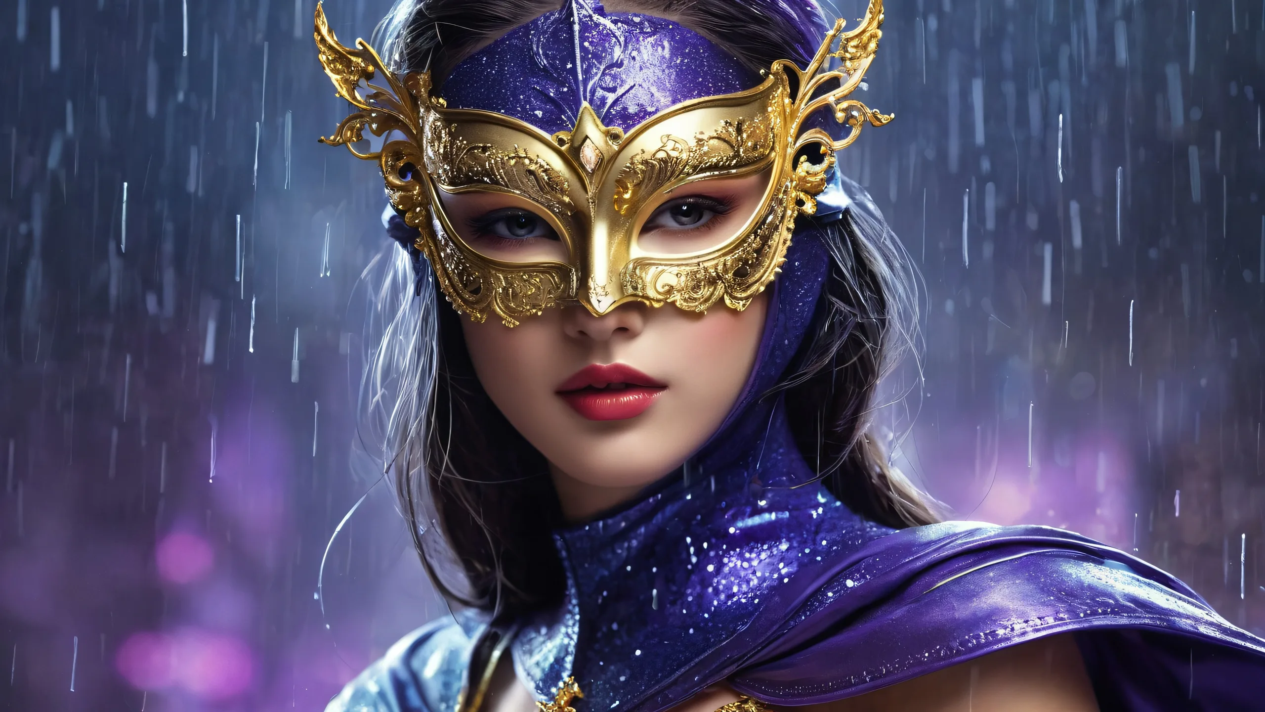 A masked heroine stands in a vast, pure void, illuminated by radiant colors and reflections, perfect for your desktop/pc.