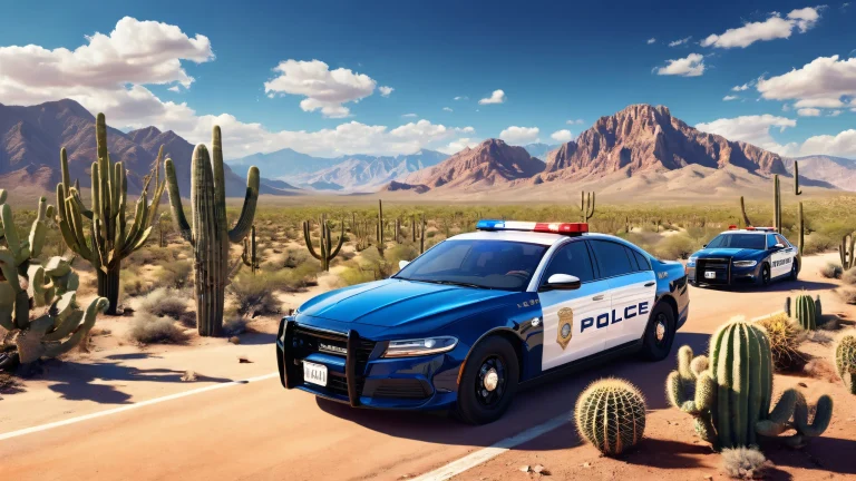 A serene Police Car scene on a pristine void background with clear sky and clouds, mountains and cactus on the sides. Suitable for Desktop/PC use.