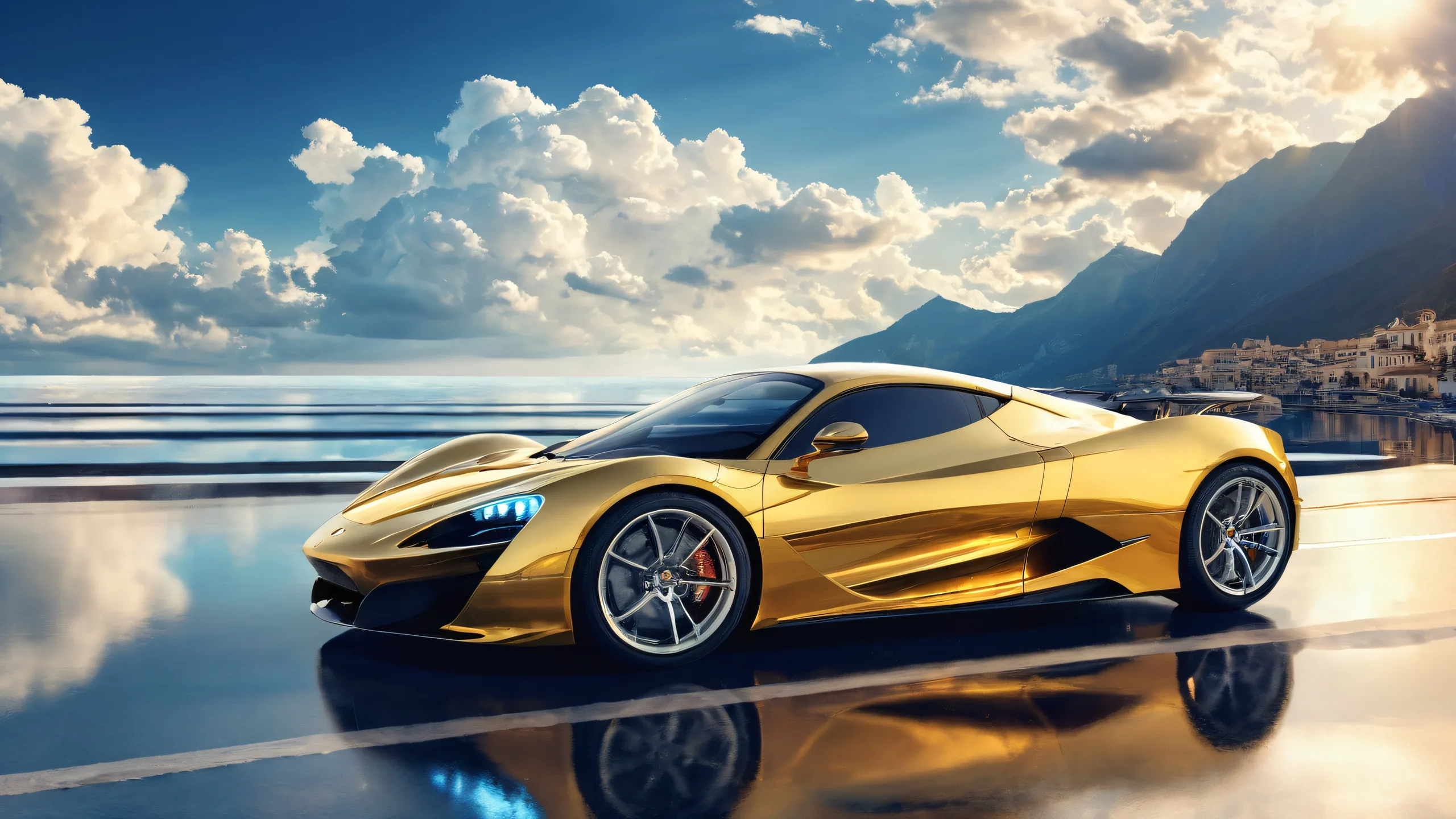 A stunning desktop wallpaper of a car on a vast pure void with clouds and sunlight, perfect for your Desktop/PC.