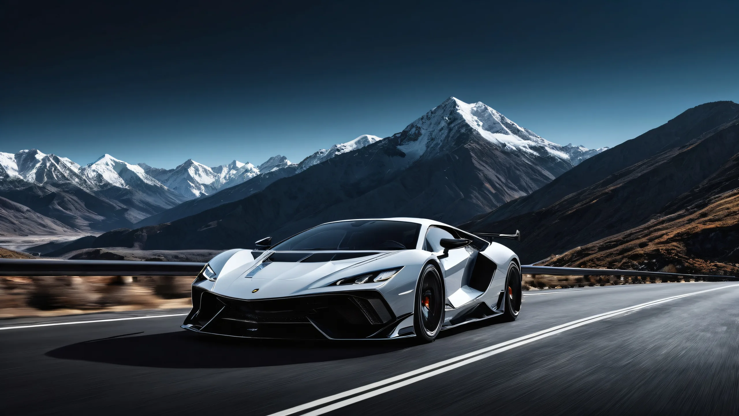 Breathtaking digital art of a vehicle in a vast, pure void with clear sky and mountains on a dark mode desktop/PC