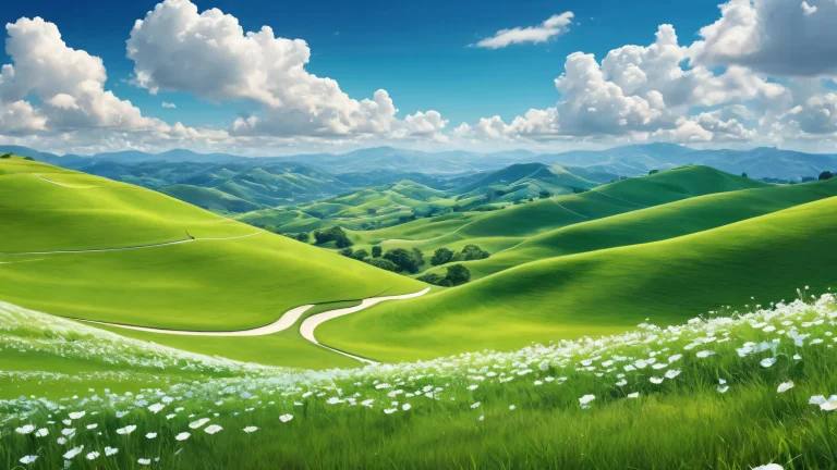 A serene desktop image of hills with a bright blue sky and white clouds for a PC or Desktop background.