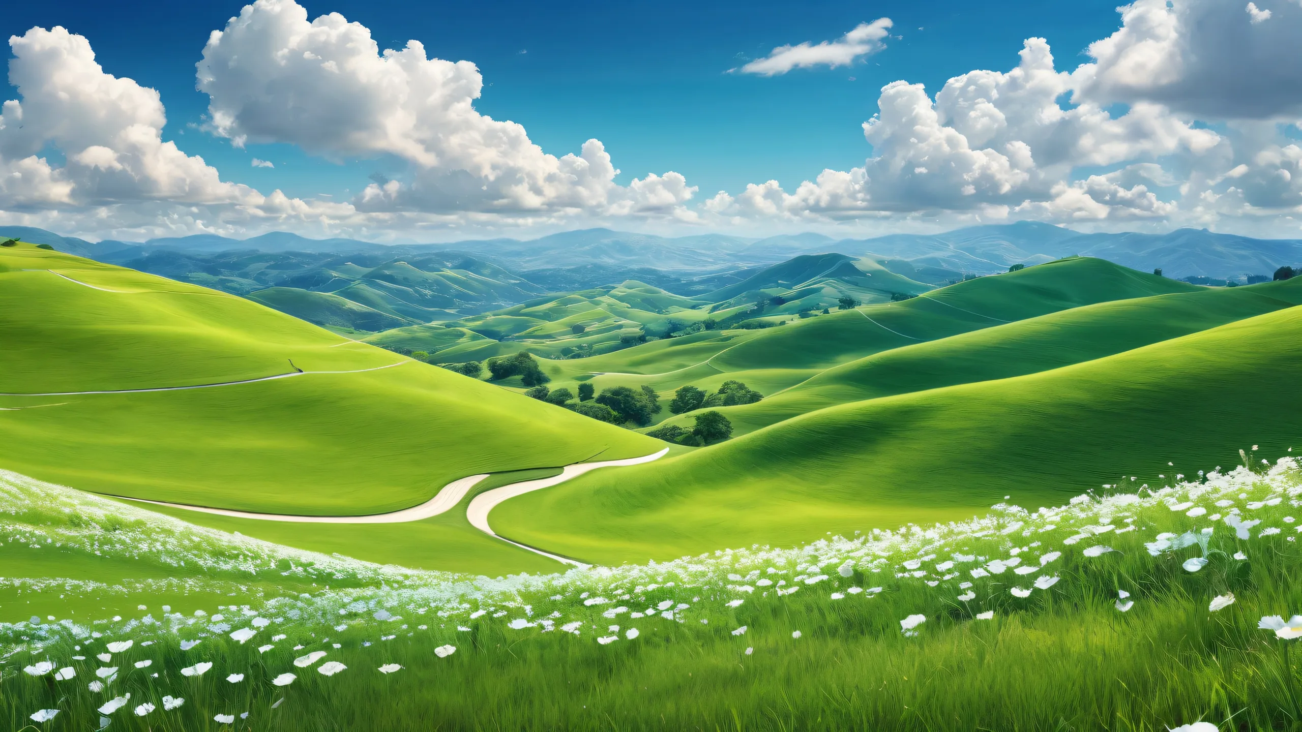 A serene desktop image of hills with a bright blue sky and white clouds for a PC or Desktop background.